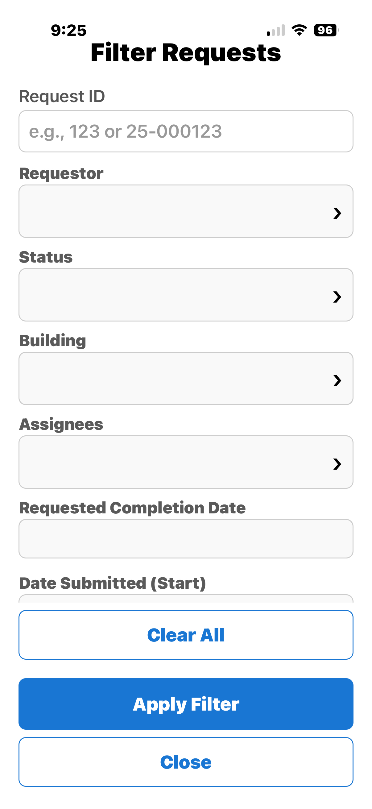 Filter Requests screen. 