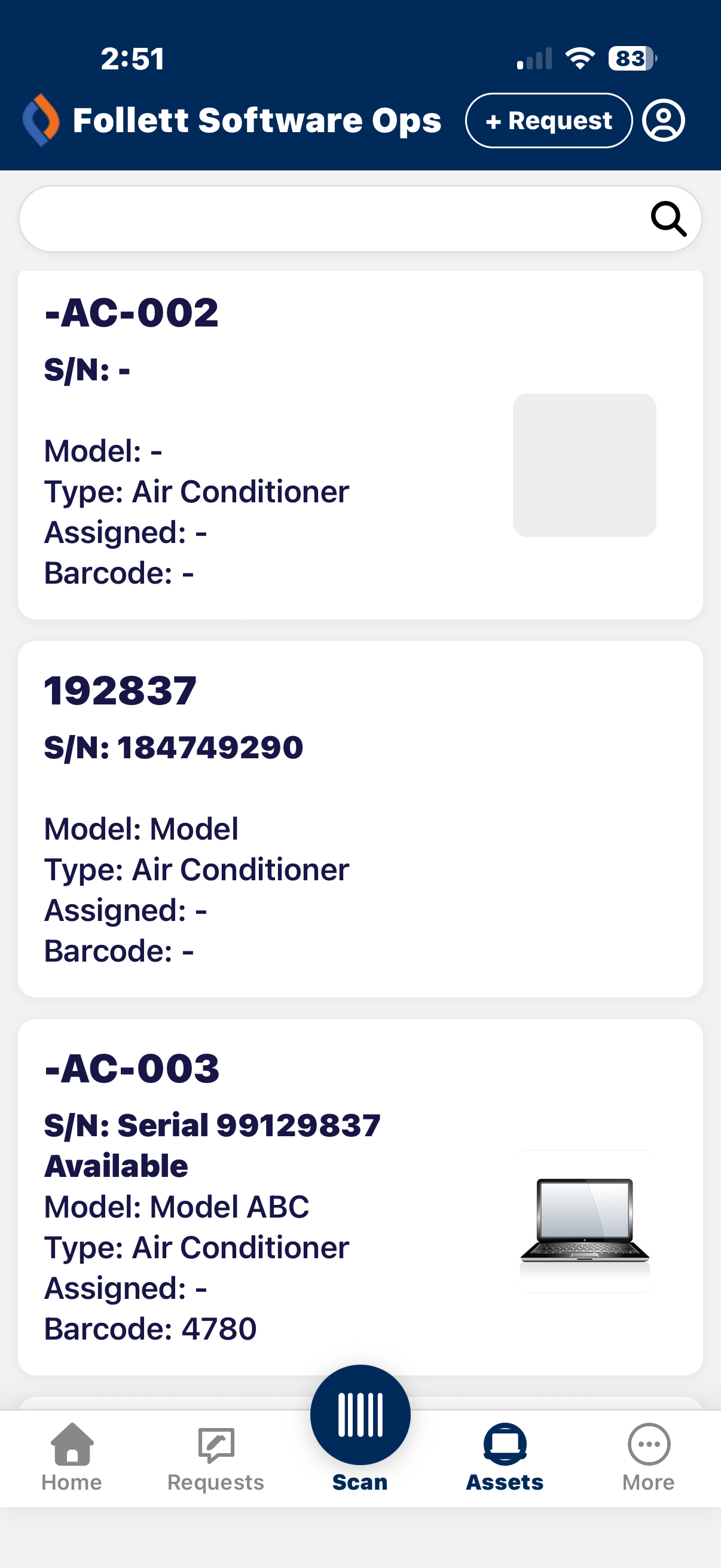 Assets tab in Ops app.