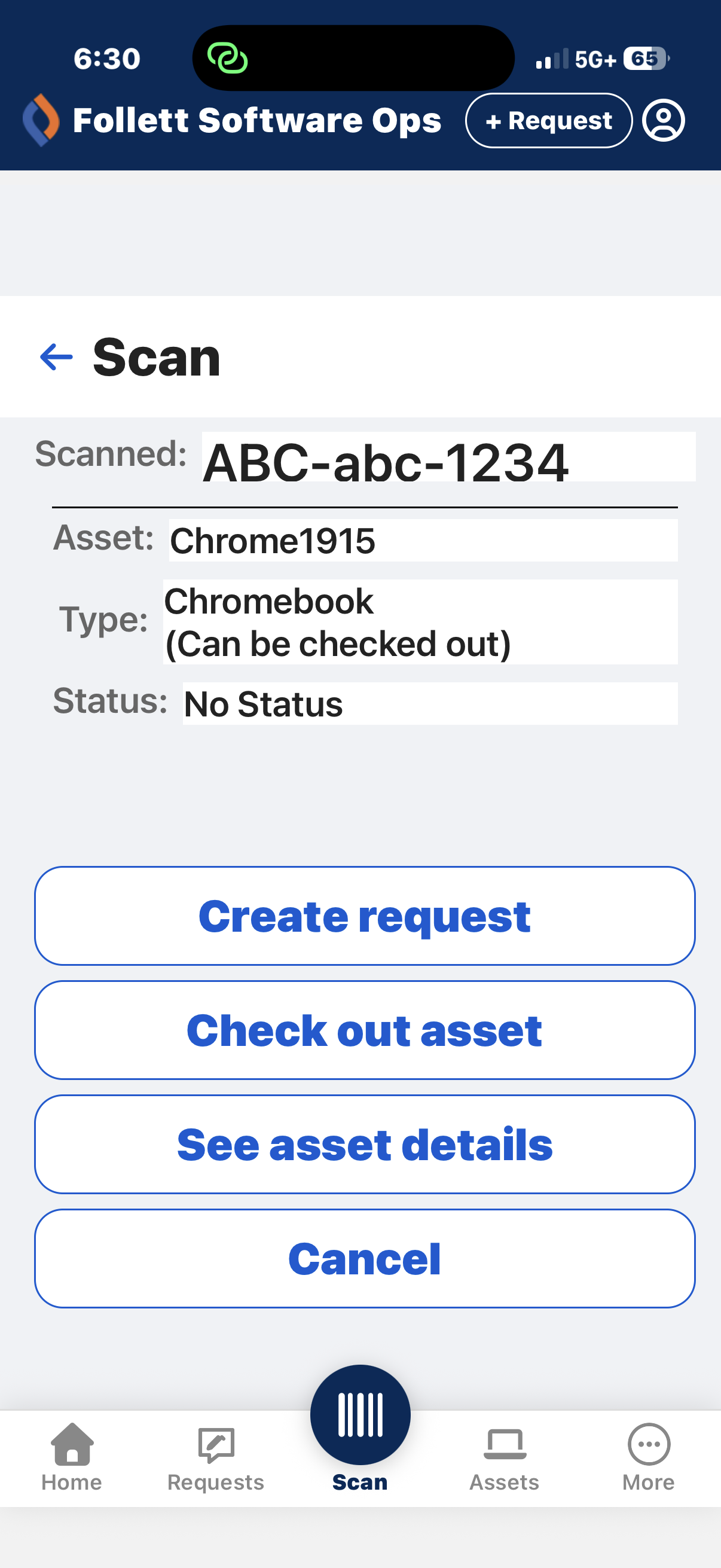 Scan an asset screen. 