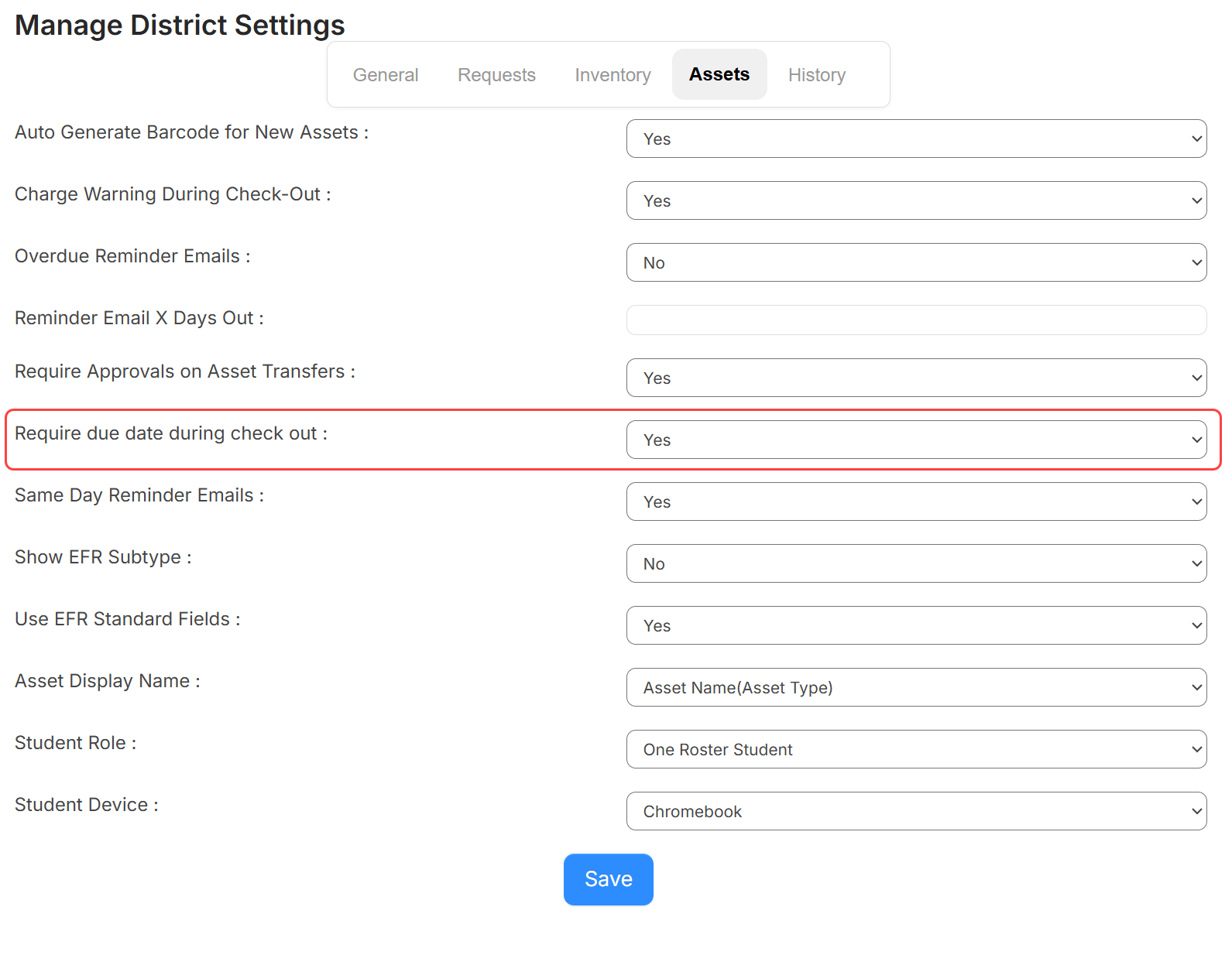 Manage District Settings page.