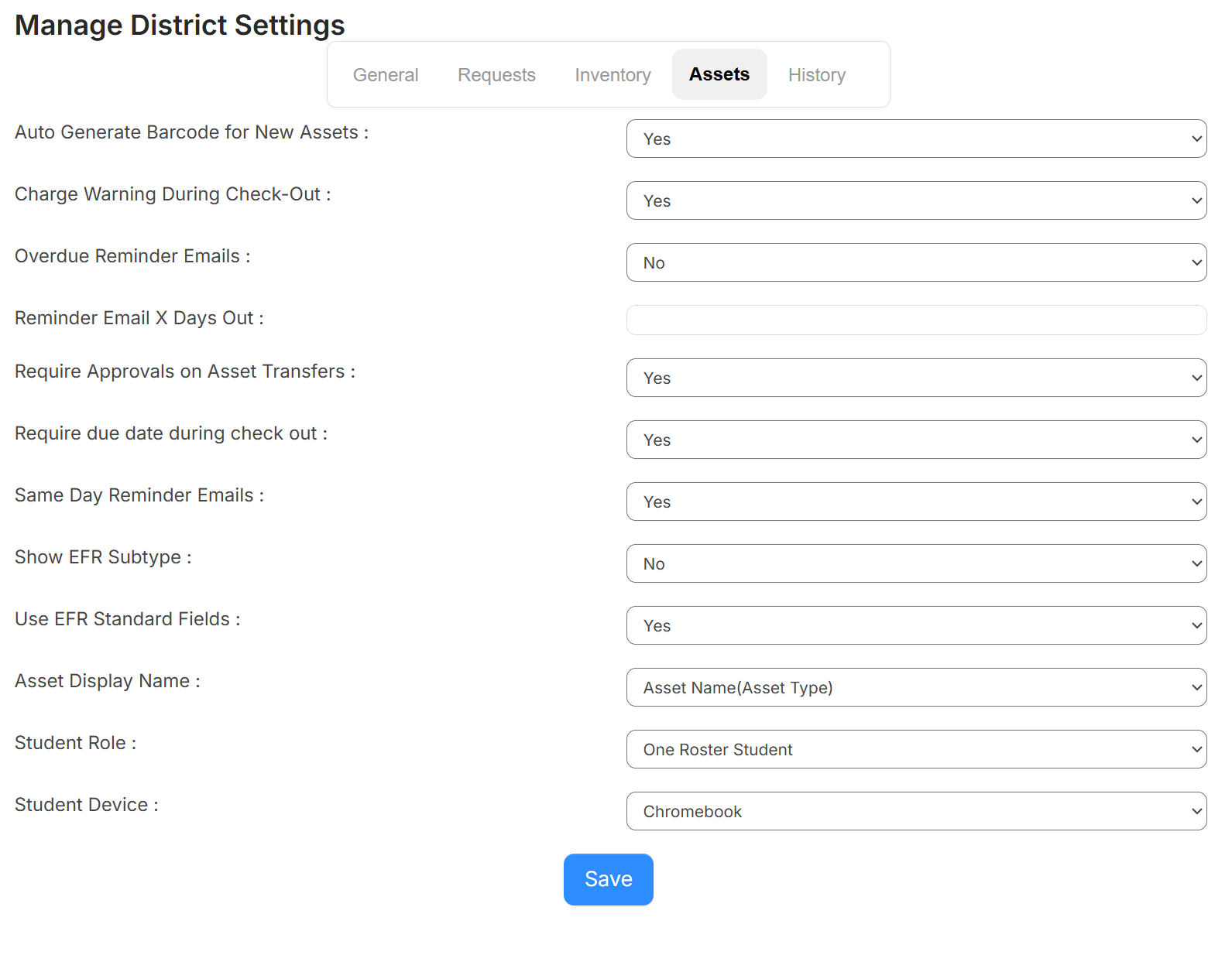 Manage District Settings, Assets tab.