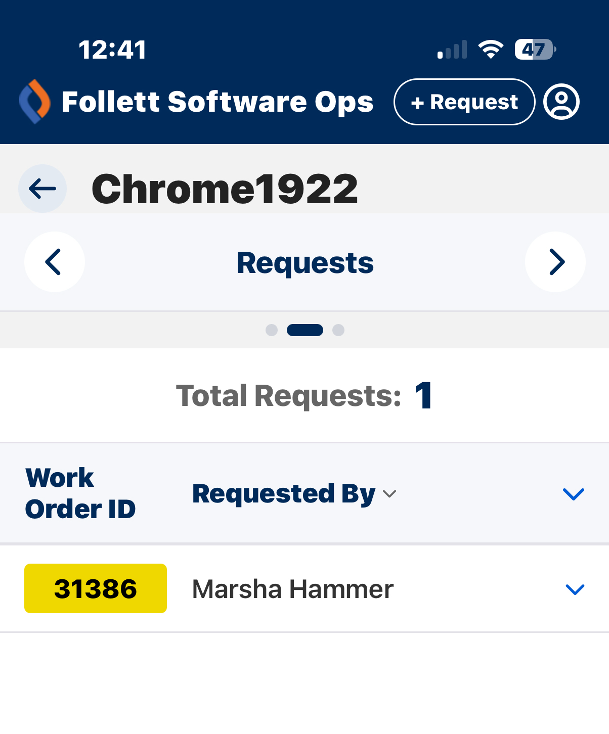 Request details screen for an asset.