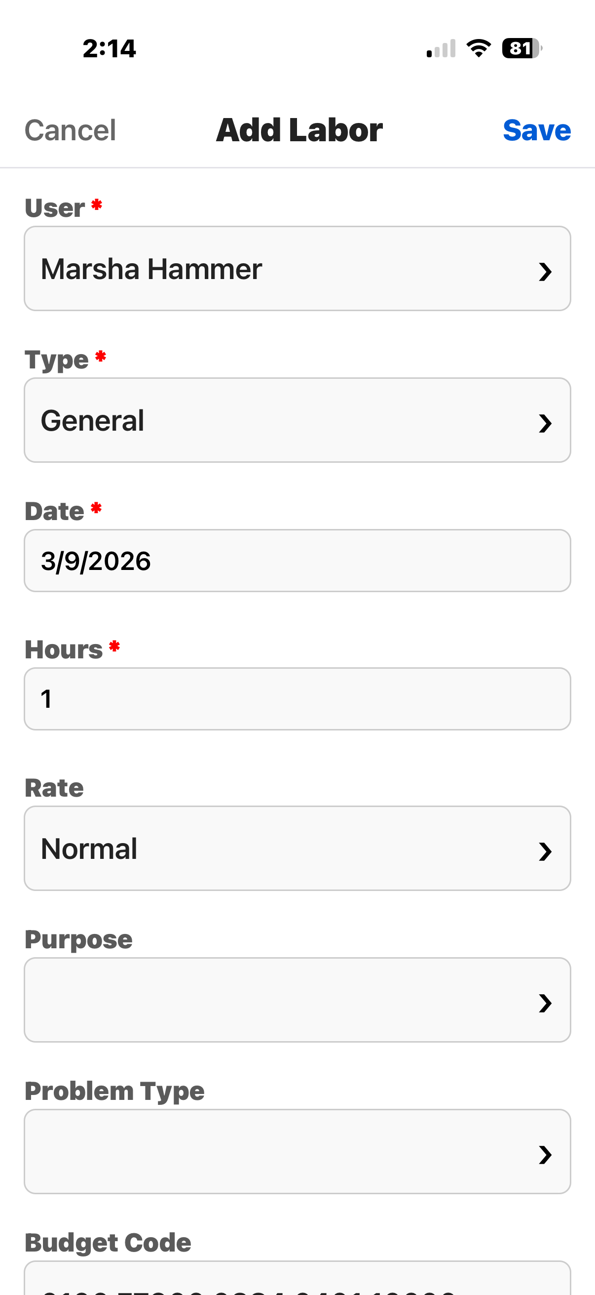 Add Labor screen.