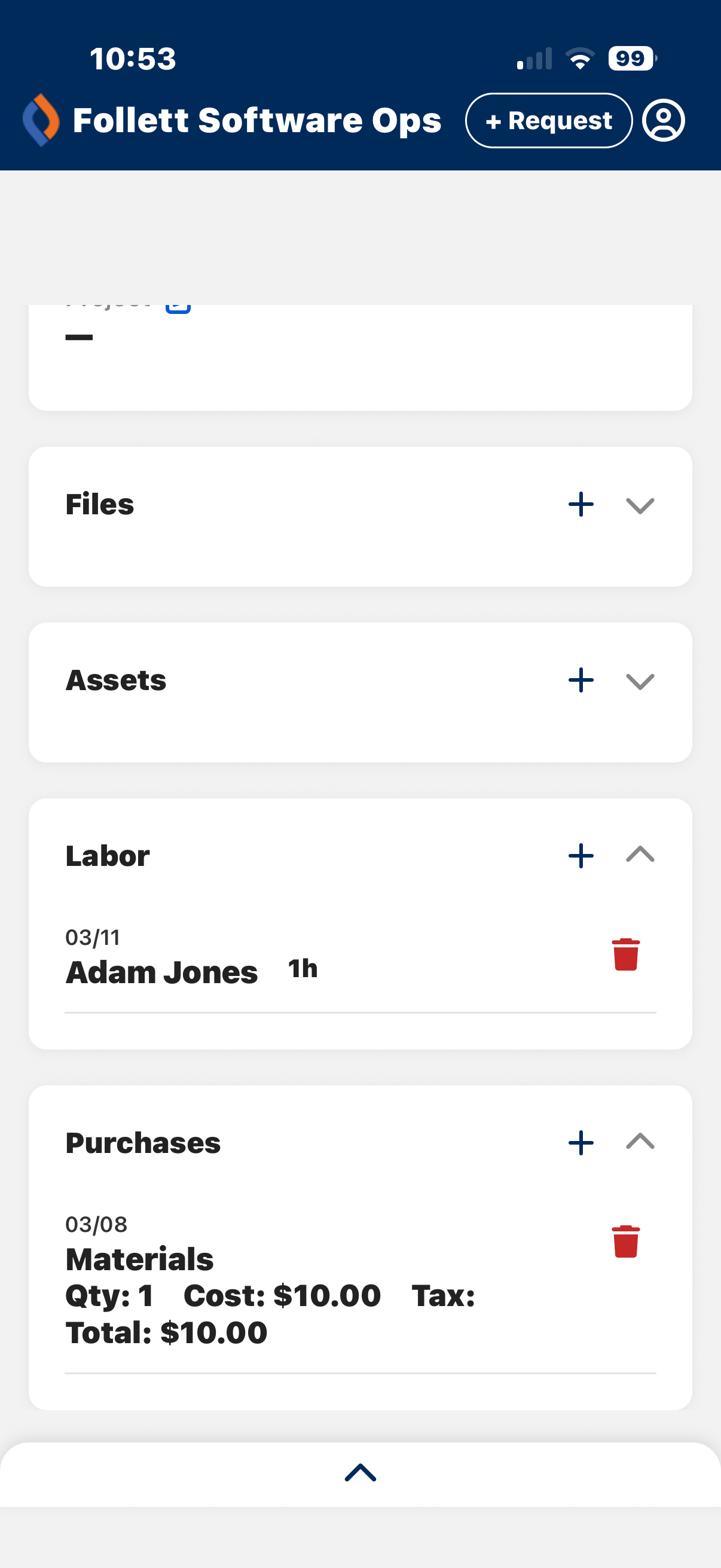Request details screen with Labor and Purchases cards showing information.