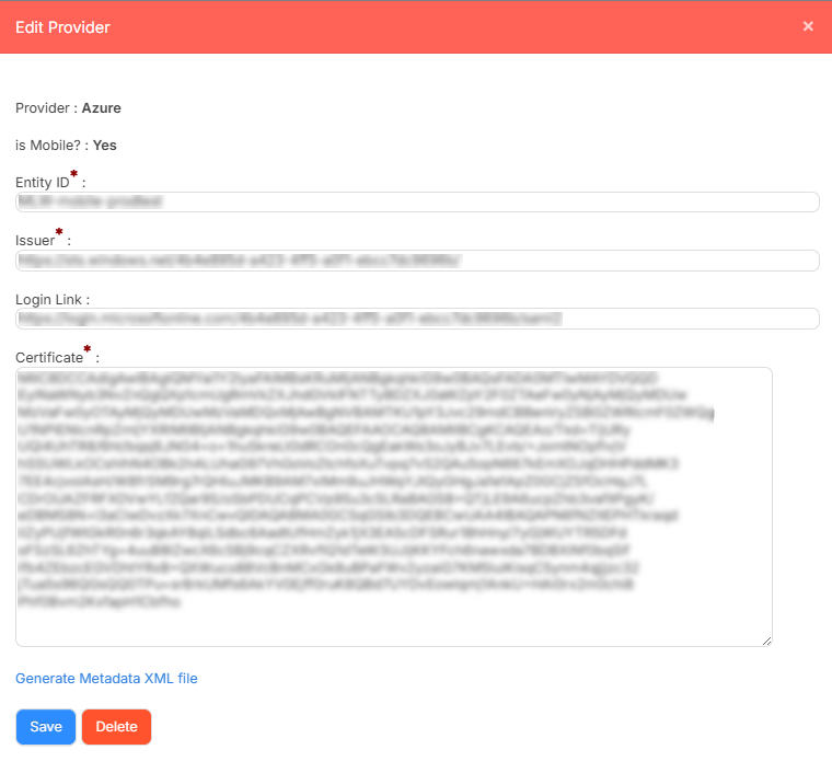 SAML Azure integration page.