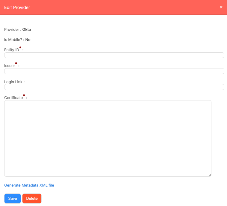 SAML Okta integration settings page.