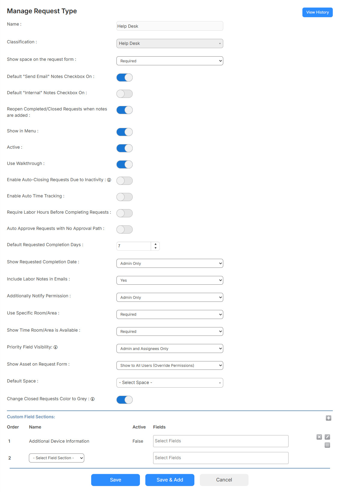 Manage Request Types page.