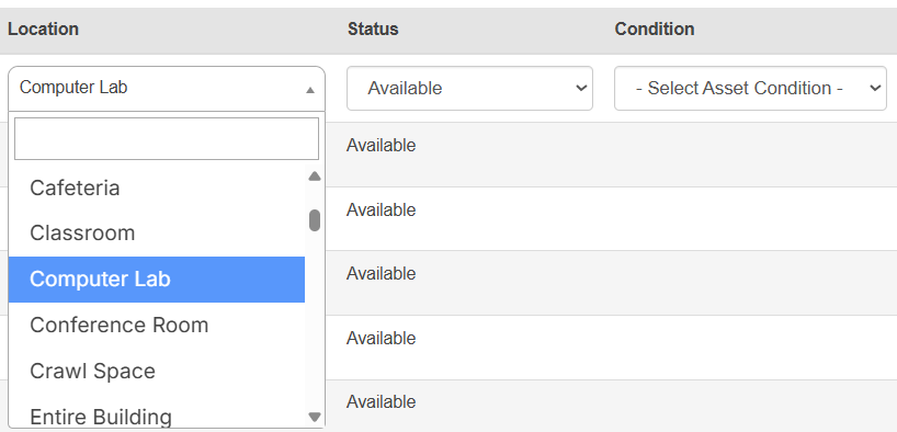 Location drop-down for an asset in an audit.
