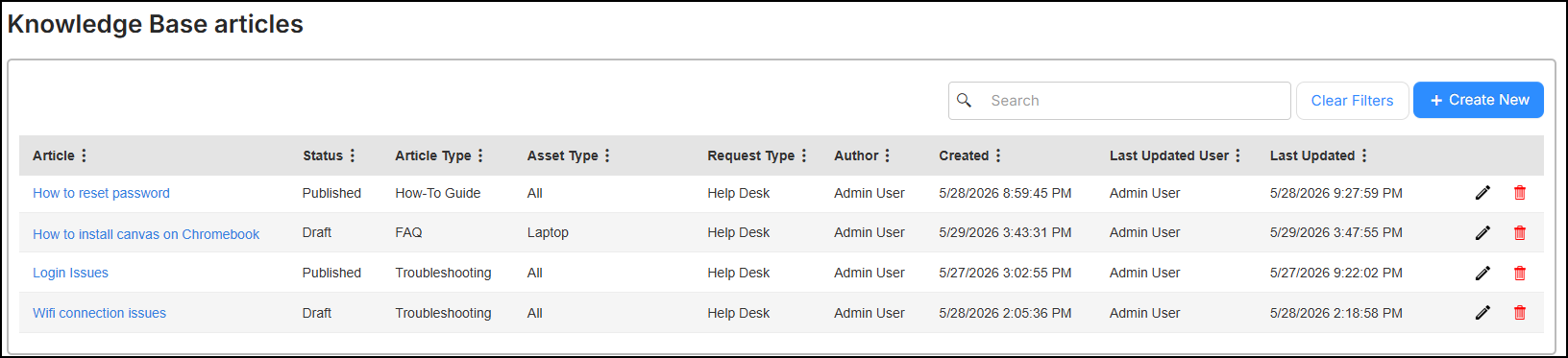 Knowledge Base articles page.