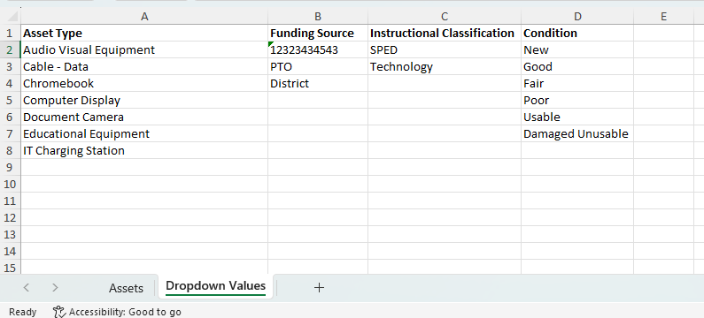Download asset spreadsheet showing the Dropdown Values tab.