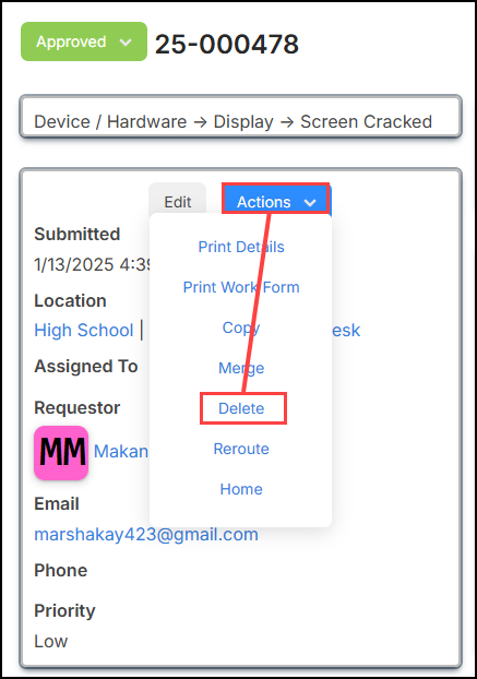 Actions drop-down with Delete highlighted.