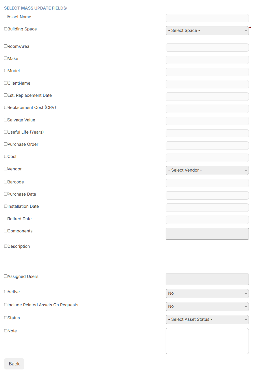 Select Mass Update Fields page.