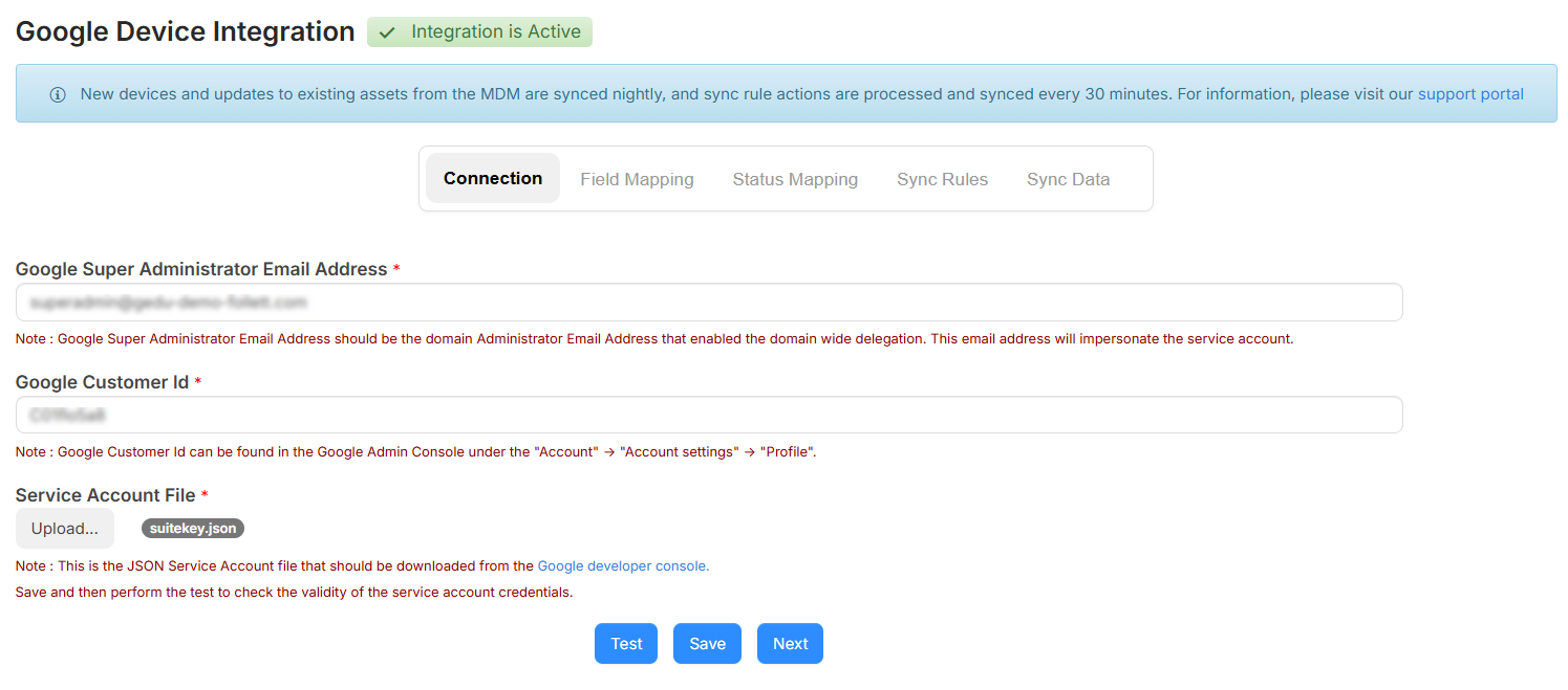 Google Device Integration, Connection tab.