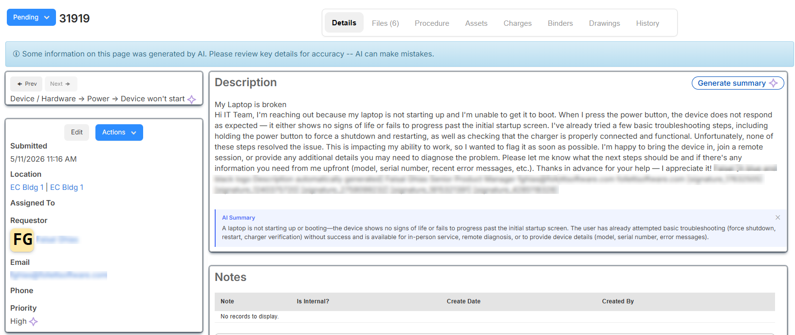 Request with AI ticketing enabled.