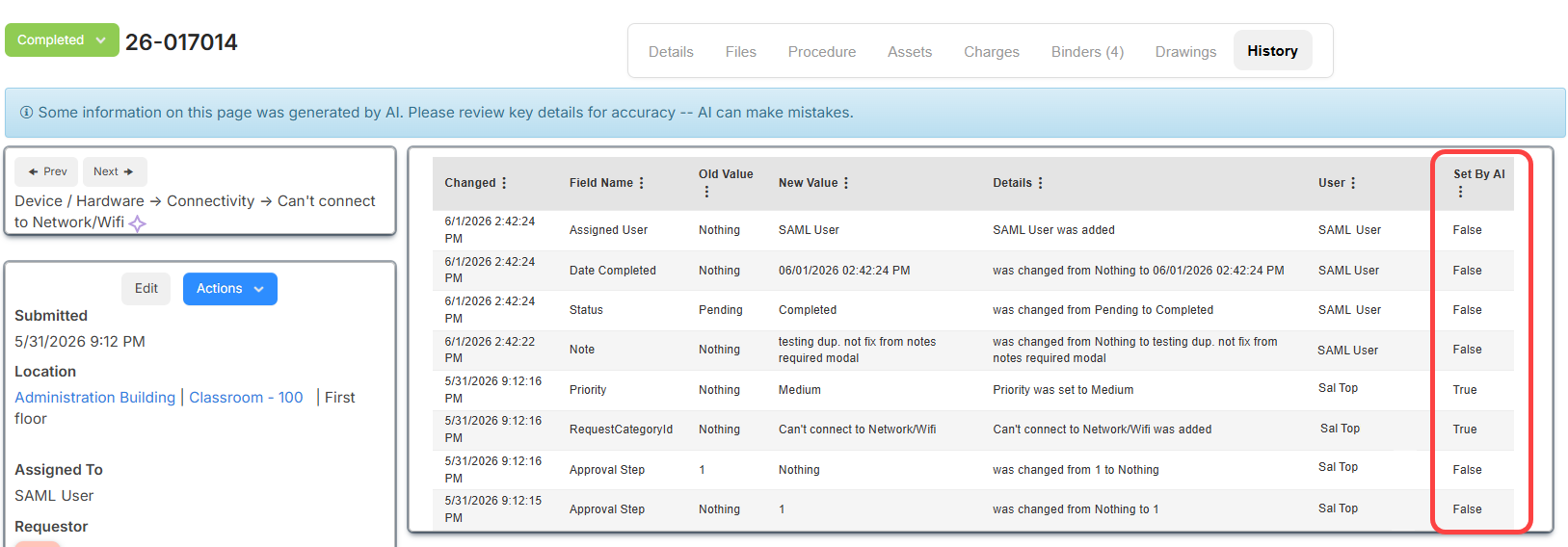 Request History tab with Set By AI column circled.