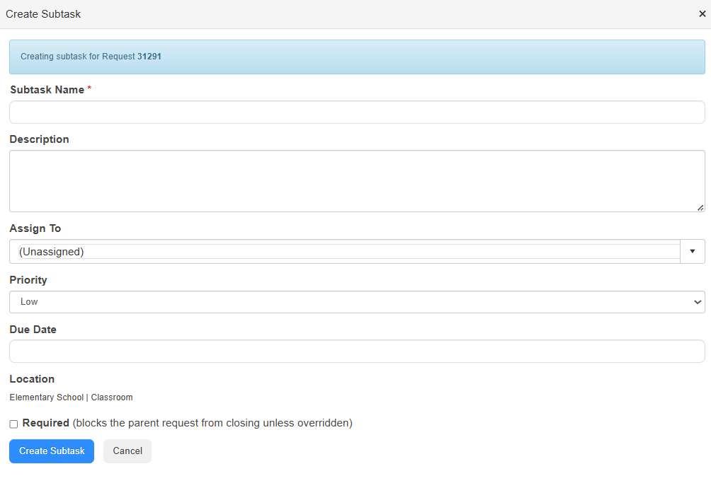 Create Subtask pop-up.