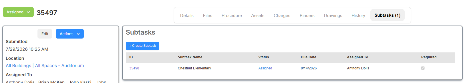 Subtasks tab with one subtask.