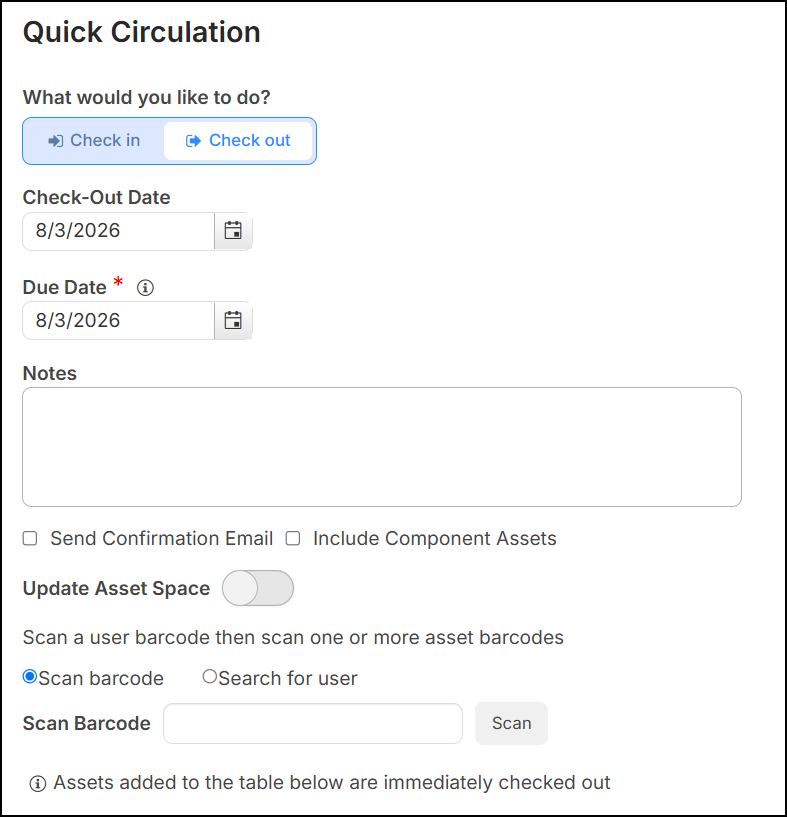Check out selected on the Quick Circulation page.