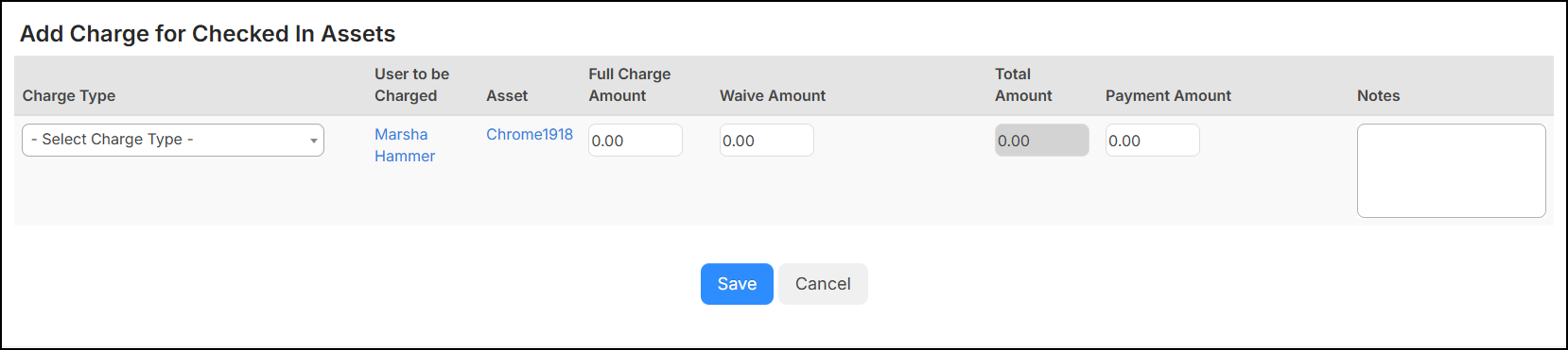 Add Charge for Checked In Assets page.